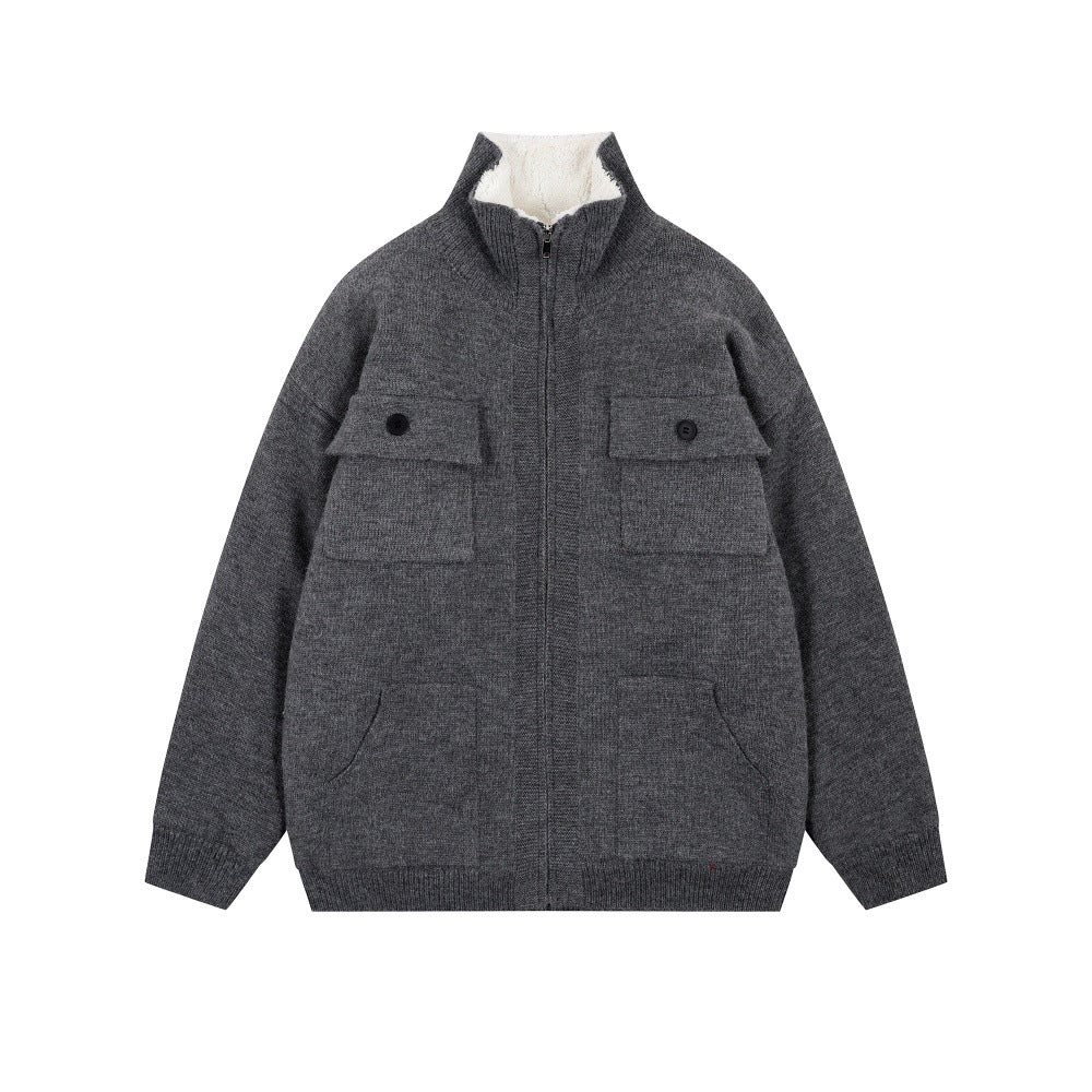 Men's thick gray knitted zip-up sweater jacket with soft sherpa lining, stand collar, button flap chest pockets, front hand pockets, and ribbed cuffs for warm winter casual wear. Thick Knitted Sweater Jacket with Added Velvet