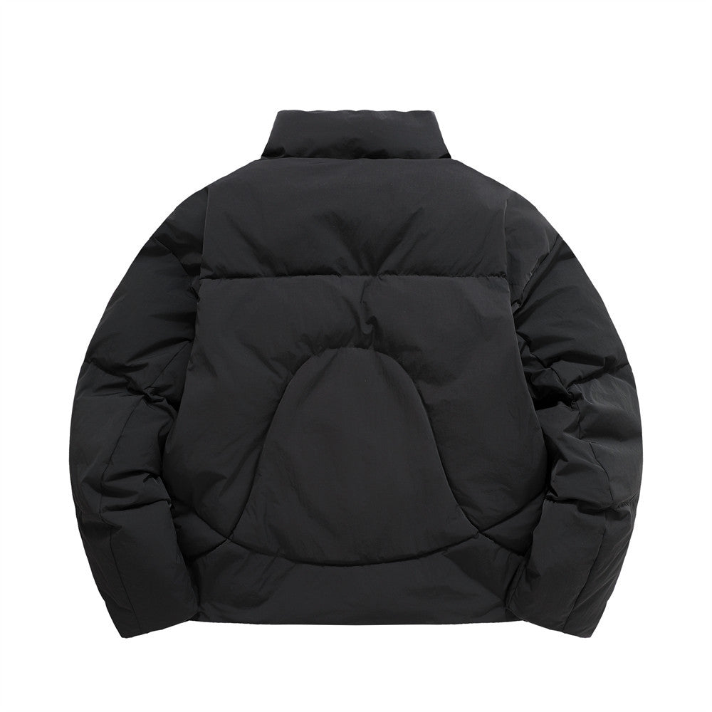 Black men's thick semi high neck puffer jacket back view with insulated cotton padding, stand collar, oversized winter streetwear coat in solid black.