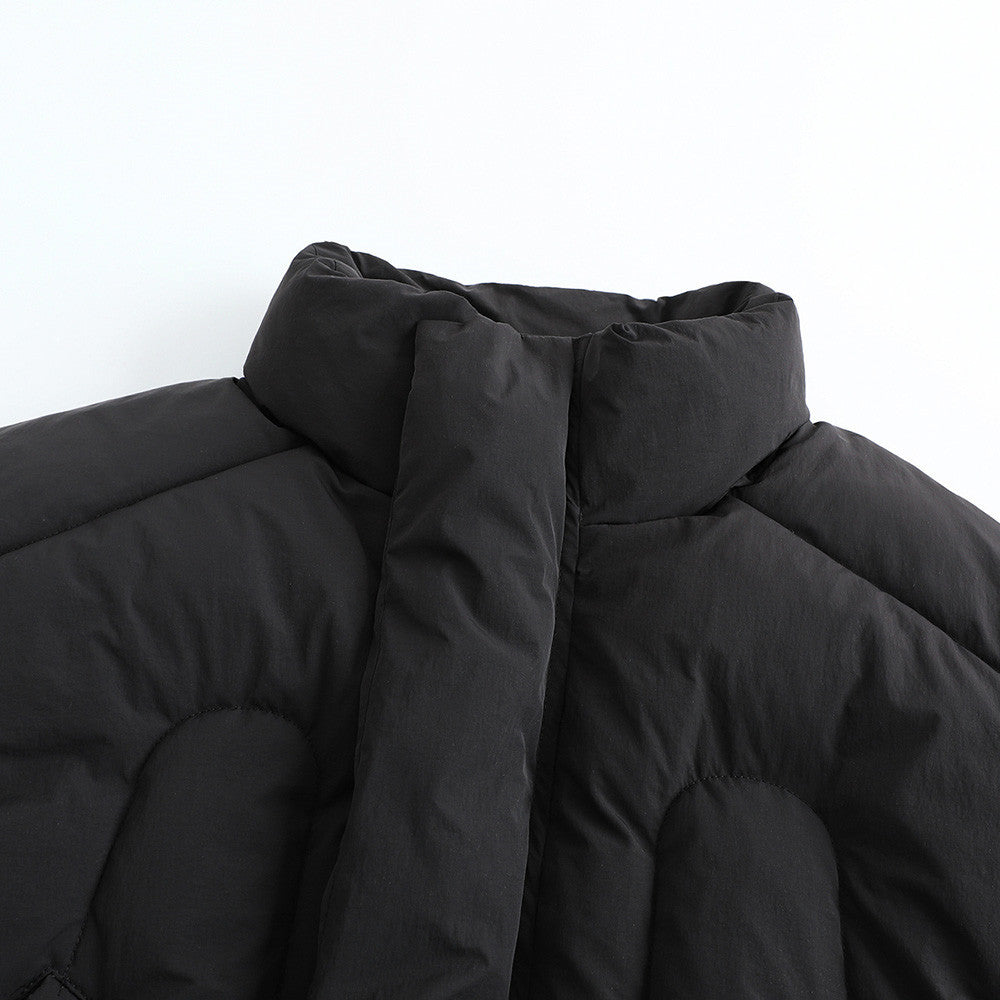 Black mid-length men's puffer jacket with a stand collar, zip-front closure, and thick insulated quilted design for casual winter wear.