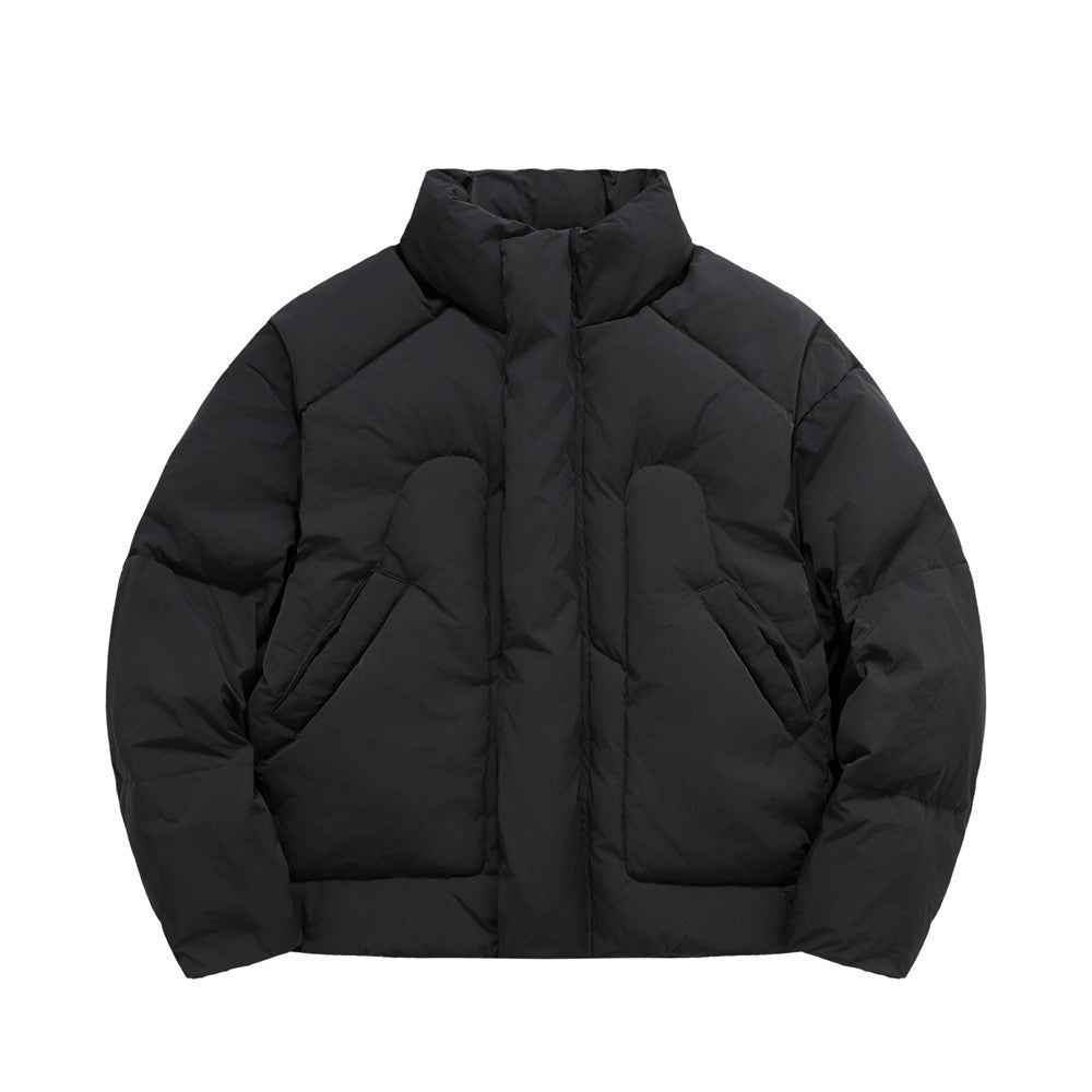 Black thick semi-high neck puffer jacket with oversized fit, full front zipper, insulated cotton padding, and stand collar for warm winter streetwear.