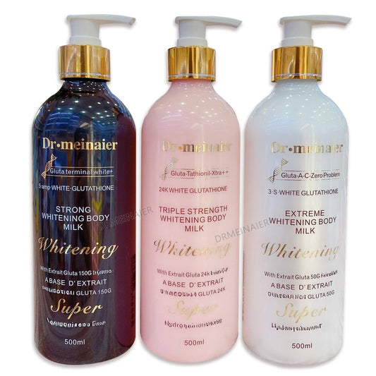 Three bottles of Dr. Meinaier Whitening Body Milk on a white background 24K Gold Glutathione Whitening Body Lotion Moisturizing Brightening and Firming Body Cream