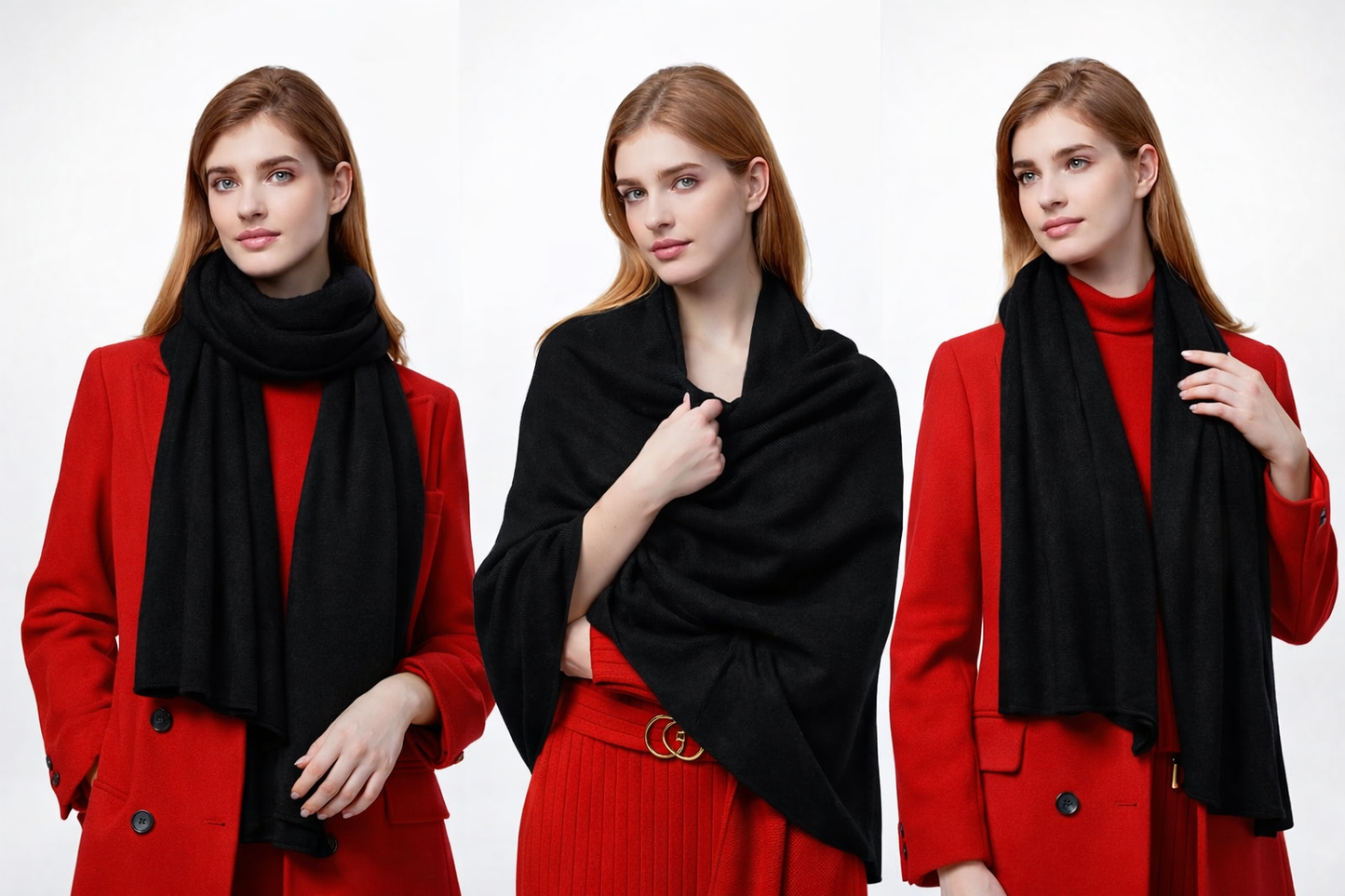 Three images of a woman wearing a black cashmere scarf with a red coat on a white background