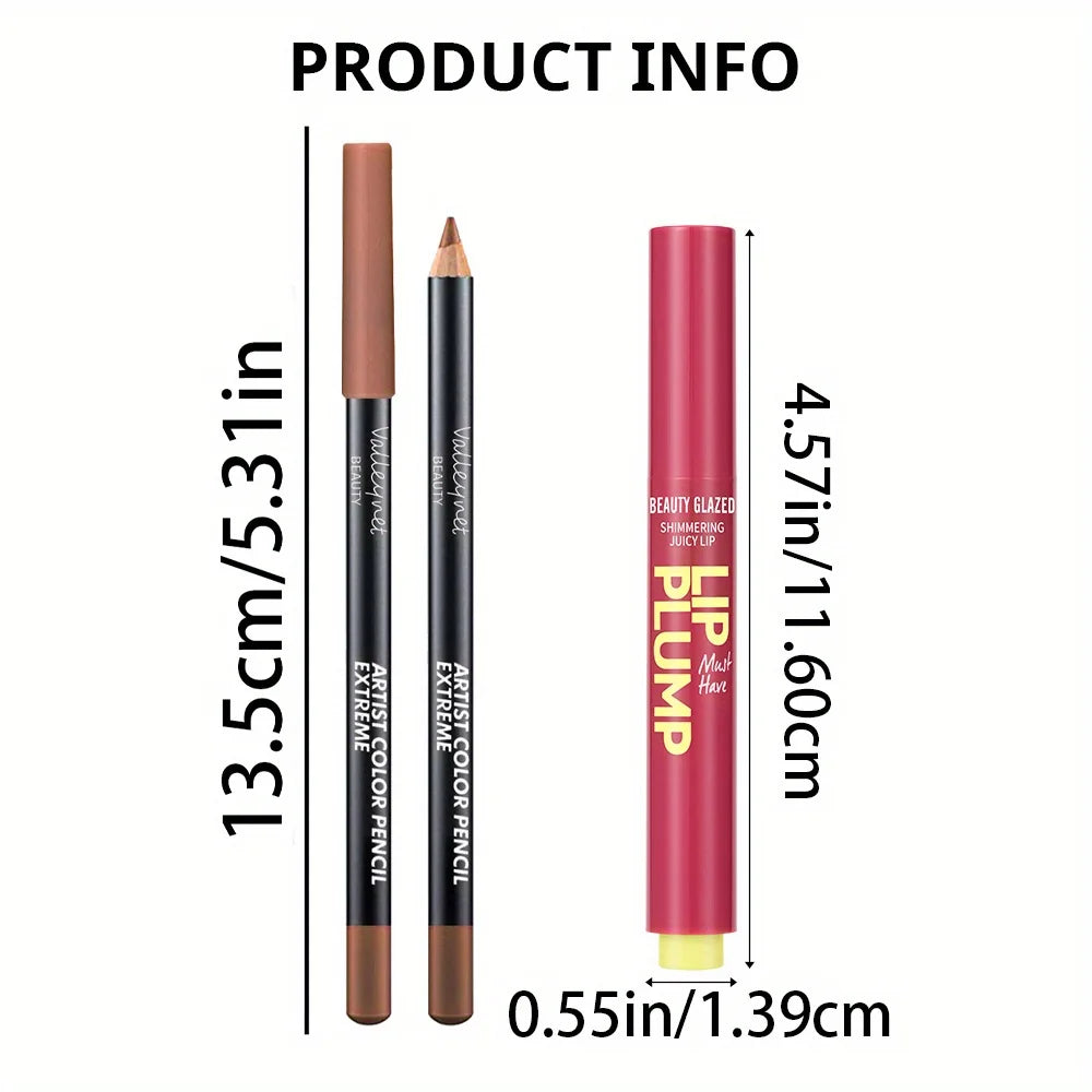 Three lip products with measurements on a white background
