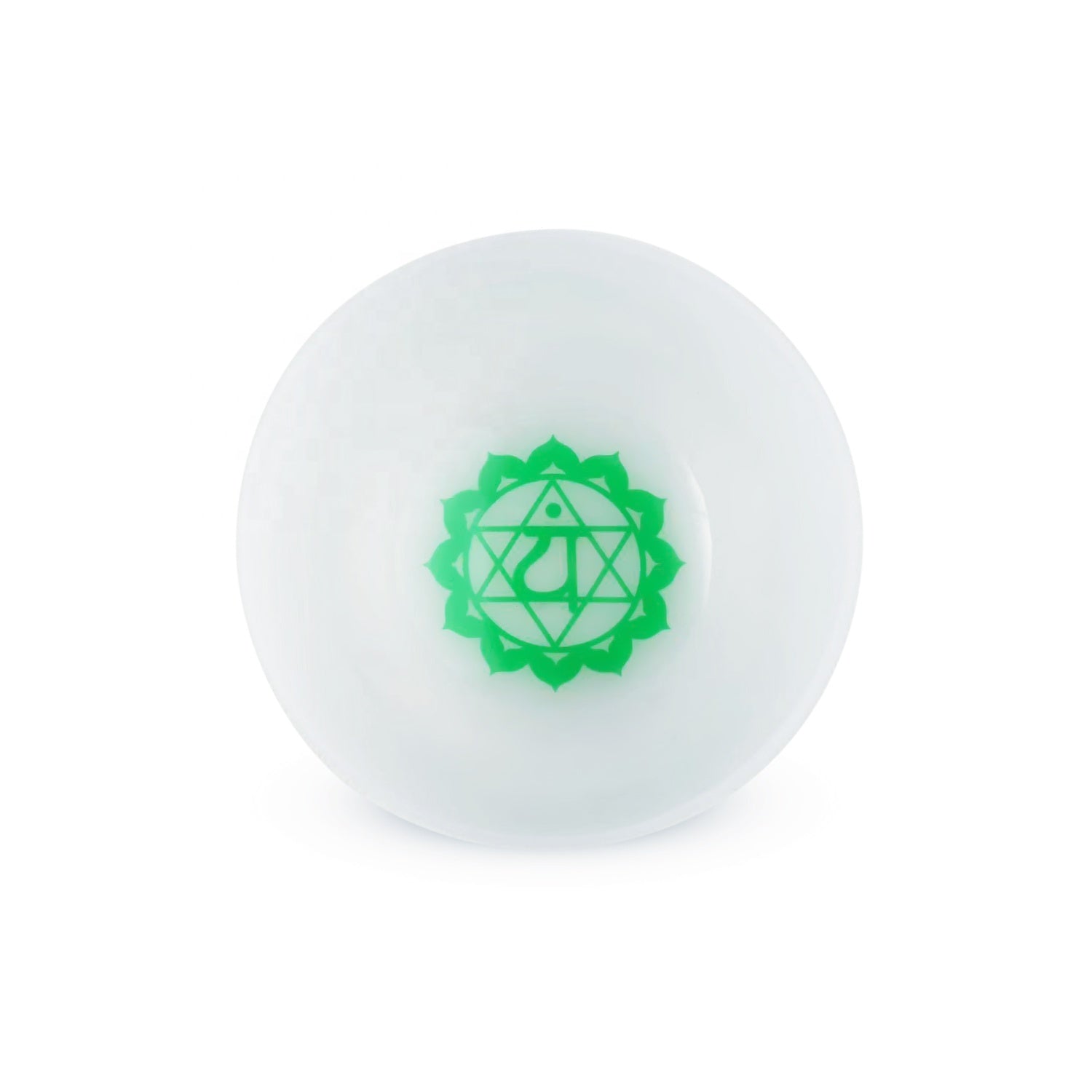 White ball with a green symbol on a white background Three white stress balls with different symbols and a hammer on a gray background Set of small white bowls with colorful symbols on a woven mat - Seven Chakra Crystal Buddha Sound Bowl multicolor rainbow chakra Crystal Buddha sound bath