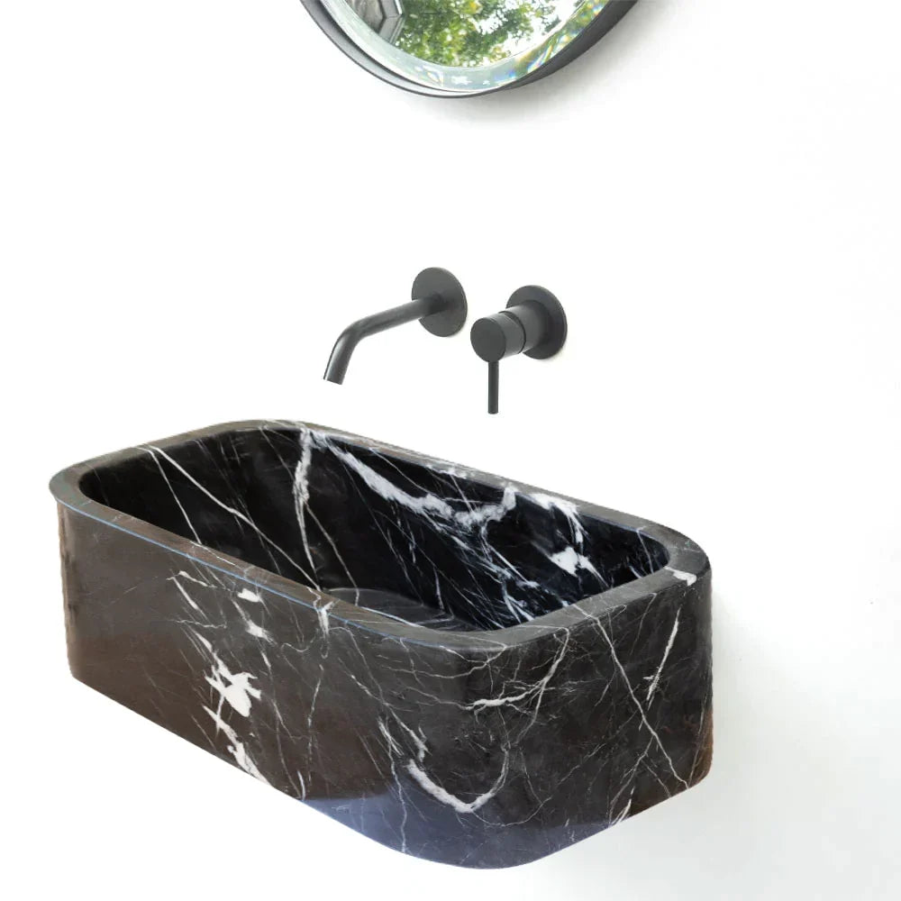 Black Marble Rectangular Wall-Mount Bathroom Sink 12 x 18 x 7