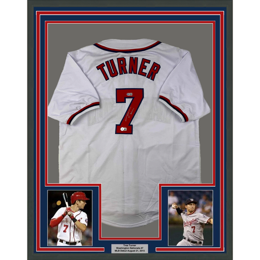 Framed Autographed/Signed Trea Turner 35x39 Washington White Baseball Jersey Beckett BAS COA
