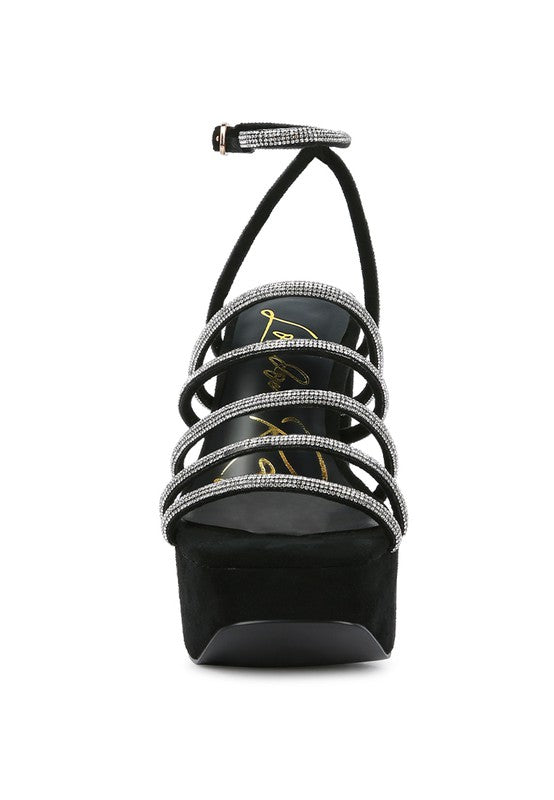 Tricks High Block Heel Sandals - Rhinestone Accent Micro Suede Wedge Heels chunky micro suede rhinestone crystal wedge block front view Tricks High Block Heel Sandals - Rhinestone Accent Micro Suede Wedge Heels chunky micro suede rhinestone crystal wedge block elevated high heels platform shoes in BLACK with mini buckle