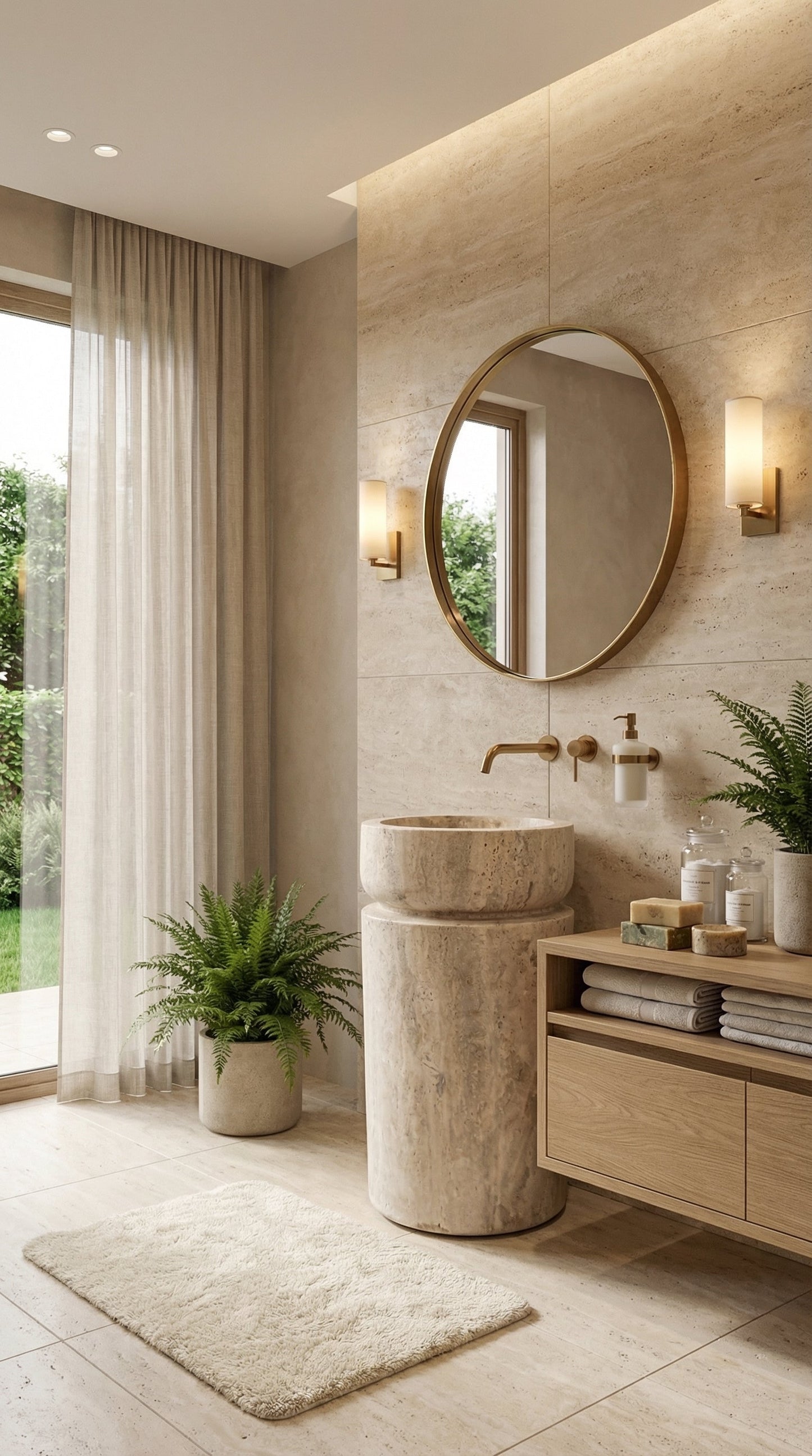 Troia Light Travertine Designer Pedestal Stand-Alone Fluted Sink (W)18" (L)18" (H)33"