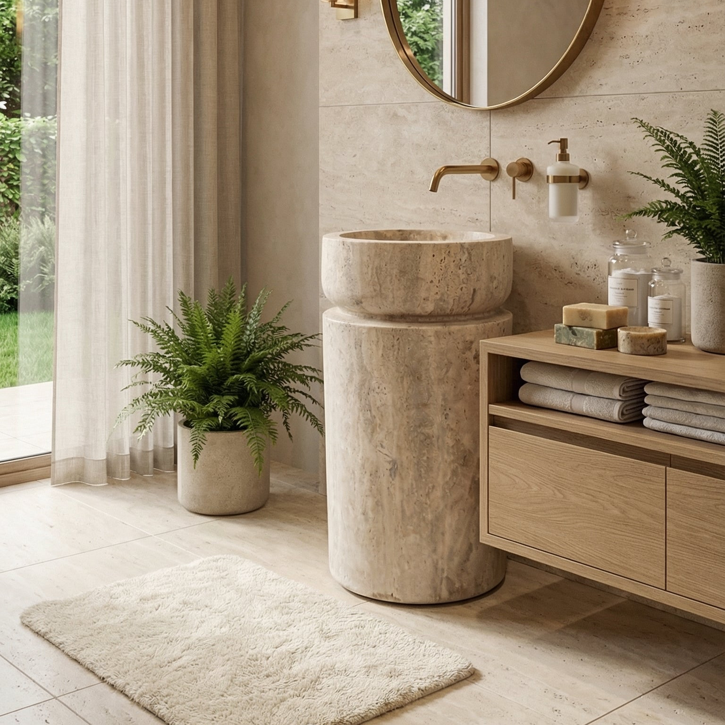 Troia Light Travertine Designer Pedestal Stand-Alone Fluted Sink (W)18" (L)18" (H)33"