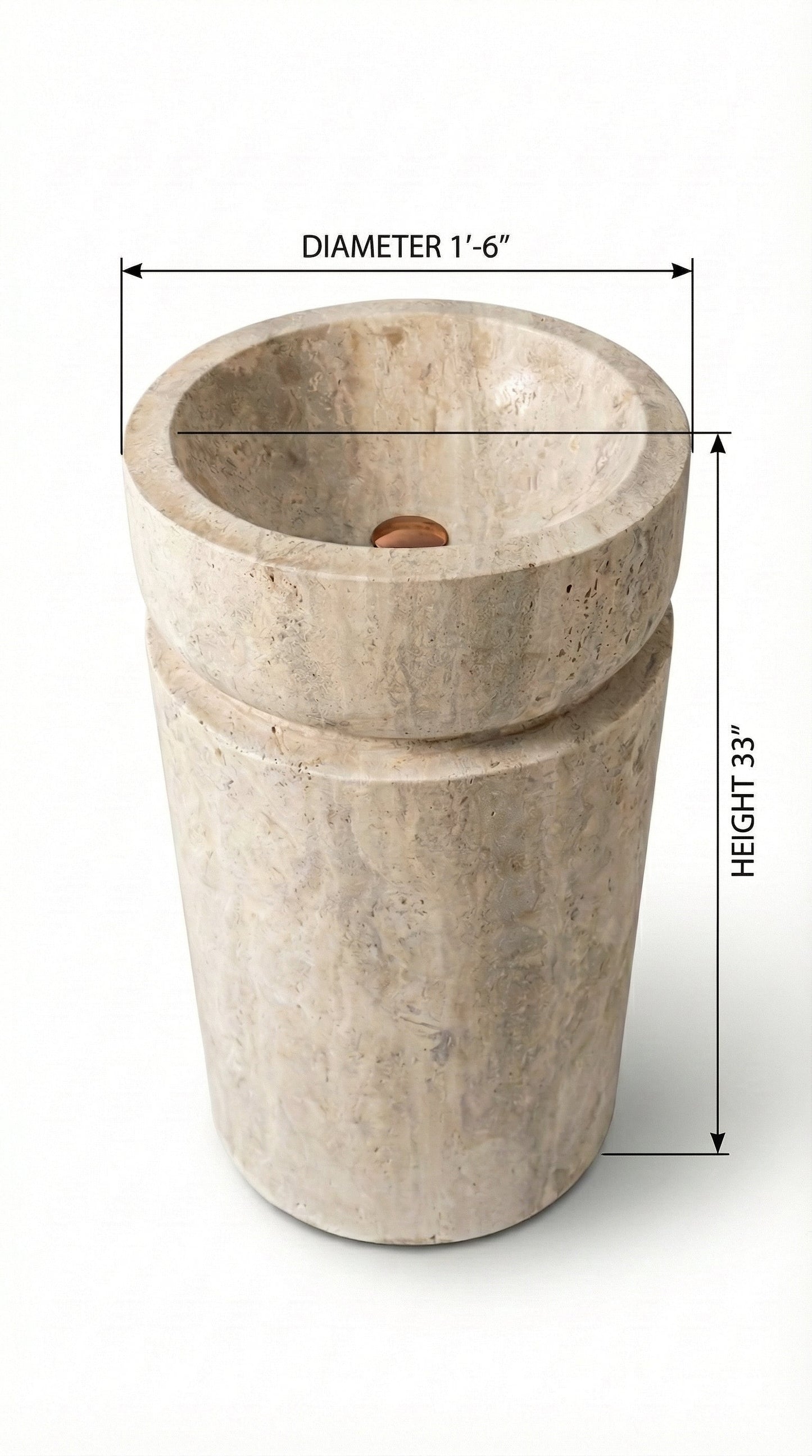 Troia Light Travertine Designer Pedestal Stand-Alone Fluted Sink (W)18" (L)18" (H)33"