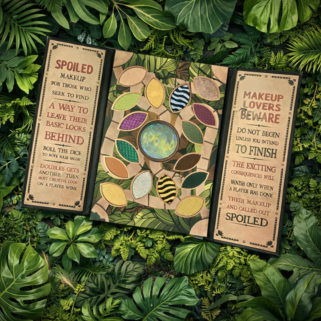 Makeup palette with decorative design and text on a green leafy background