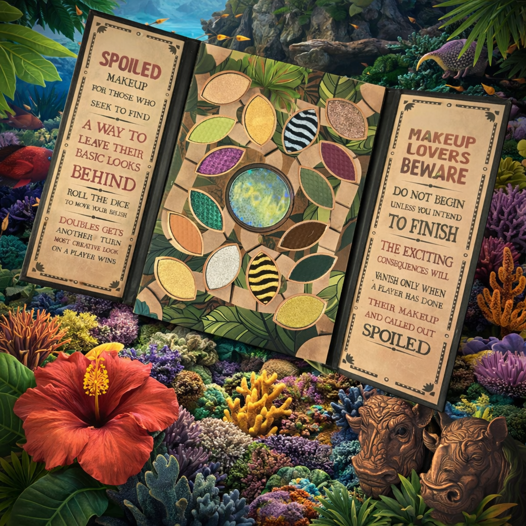 Makeup-themed board game with decorative text and symbols on a vibrant underwater background makeup eyeshadow