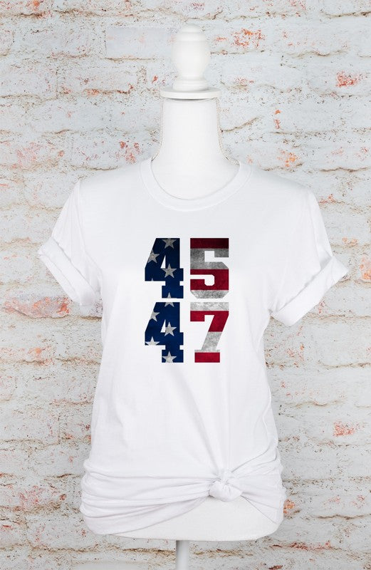 Trump 45/47 America Softstyle Graphic T-Shirt white color t-shirt with 45 47 numbers in flag print - Patriotic Shirt