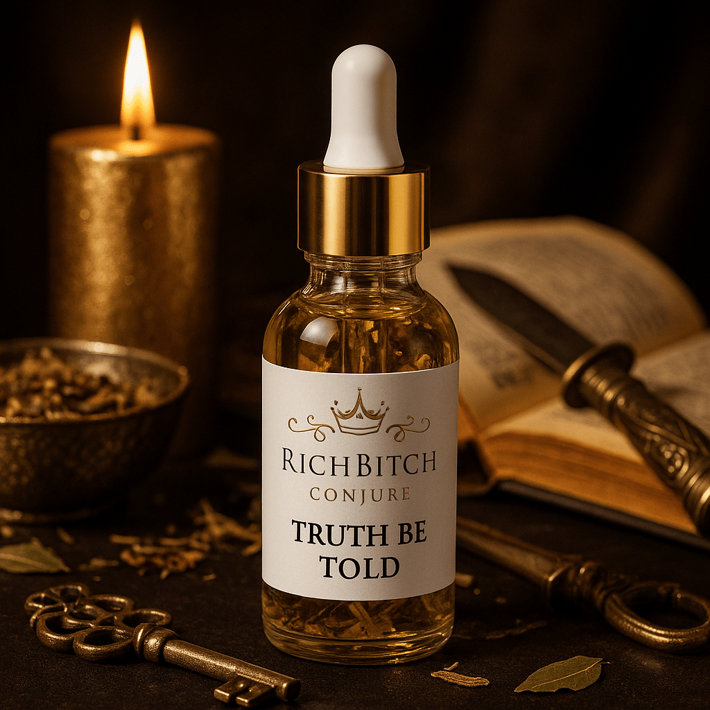 Bottle of 'Rich Bitch Conjure Truth Be Told' with a candle, book, and key in the background. Truth Be Told Conjure Oil for Clarity, Truth Reveal, and Spiritual Protection