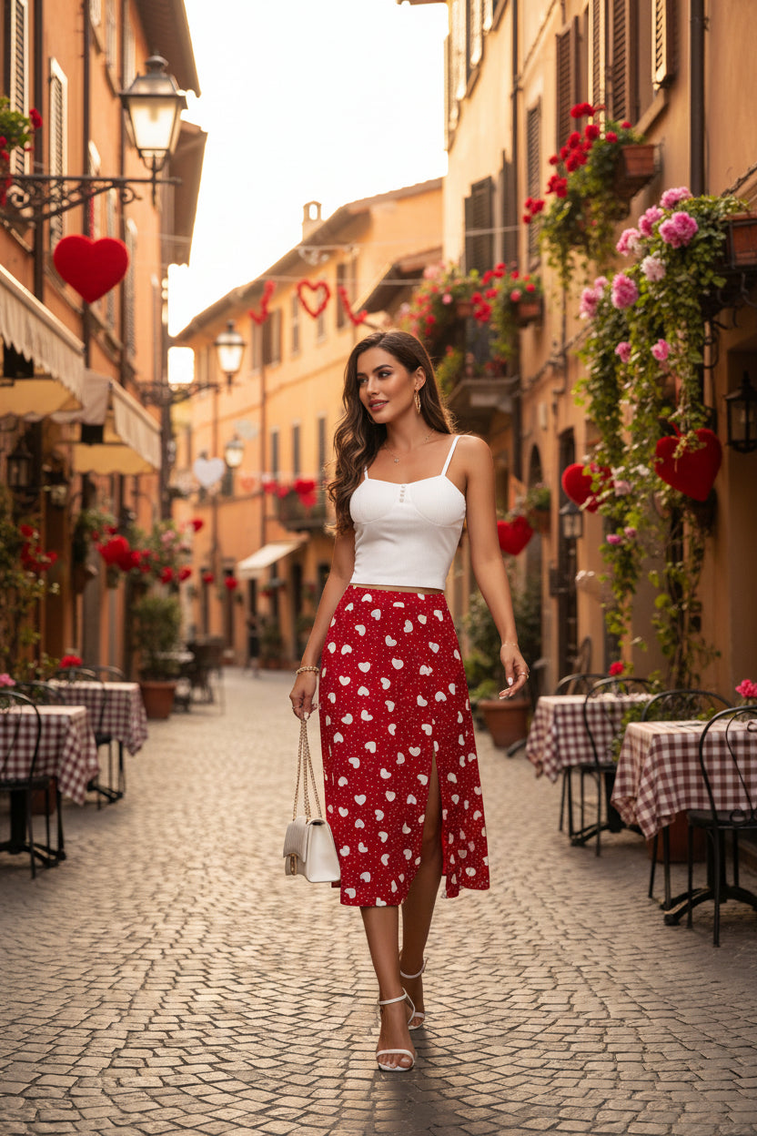 Twirl into elegance with this charming polka dot heart-shaped wrap skirt! Crafted from a comfortable polyester and spandex blend, this mid-length swing skirt features a flattering slit design and playful color-block styling perfect for everyday sophistication. The printed hearts and polka dots add a whimsical touch to your wardrobe, while the wrap silhouette creates a graceful, feminine drape. Available in sizes S M L XL, this versatile piece transitions effortlessly from office to weekend adventures. 