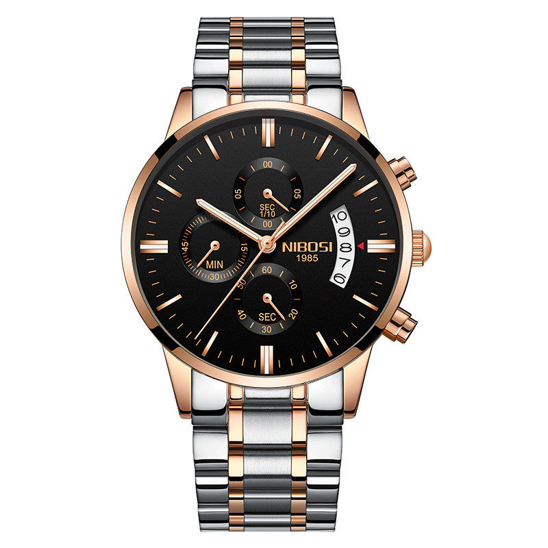 Two-tone silver and gold luxury mens wristwatch watch with black dial on a white background