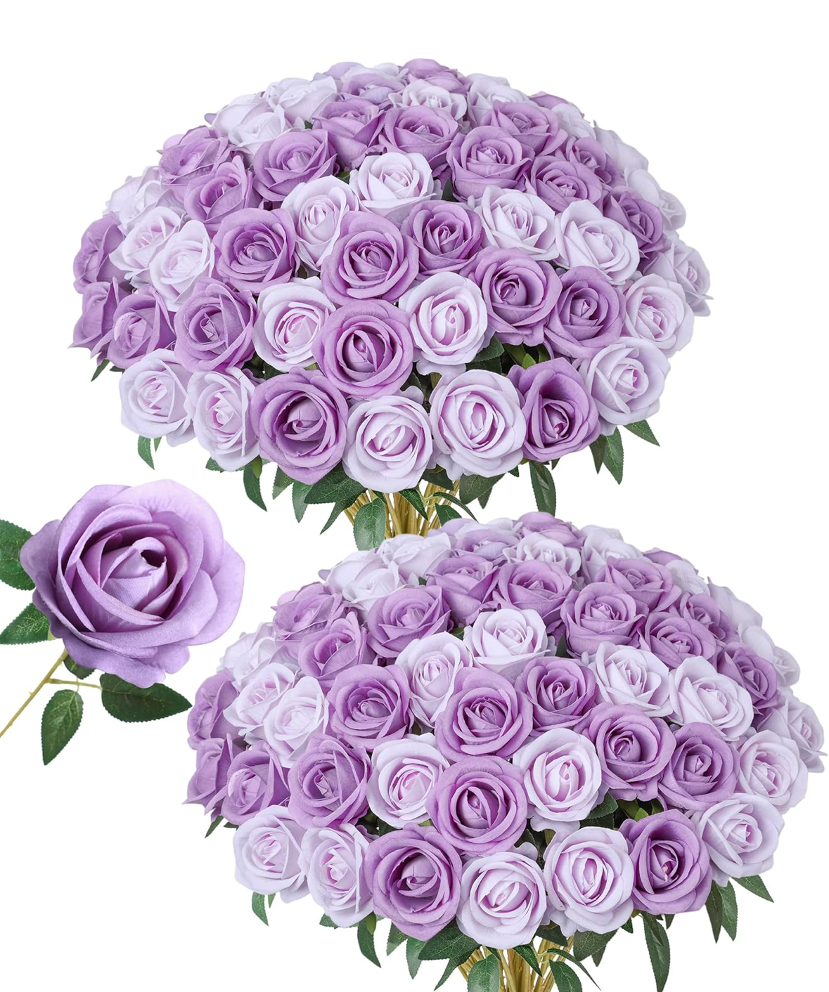 Two bouquets of purple and light and dark purple roses 