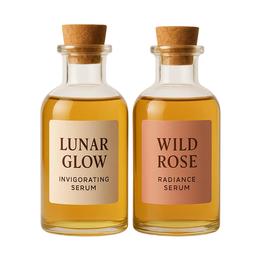 Two glass serum bottles labeled 'Lunar Glow' and 'Wild Rose' on a light background