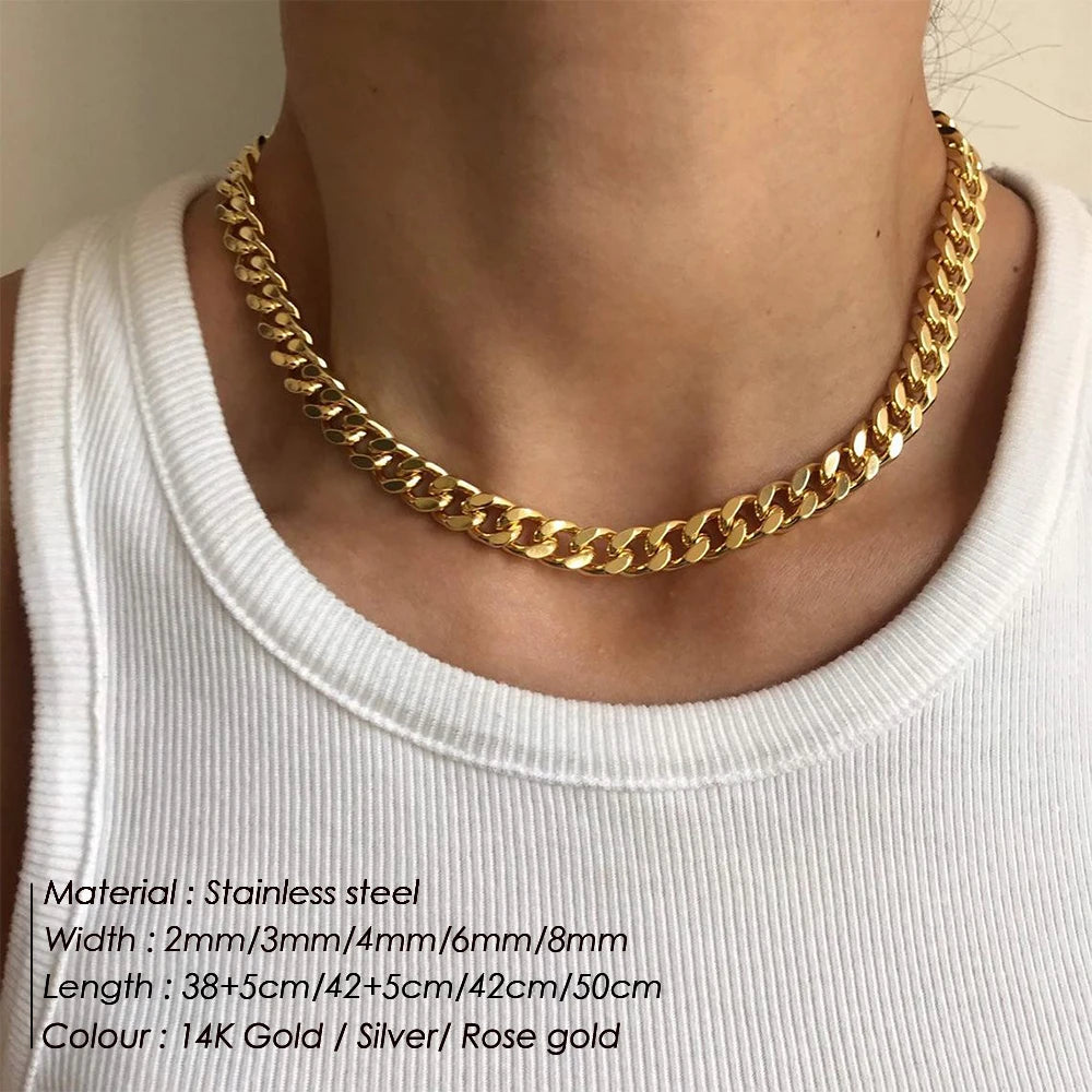 2/3/4/6/8mm Stainless Steel Necklace for Women Basic Punk Gold Color Choker Colar Cuban Link Chain Necklace Jewelry Wholesale