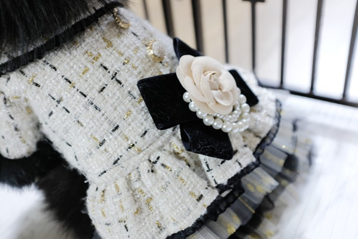 Handmade Luxury Tweed Dog Dress with Fur Trim | Designer Small Dog Coat Dress