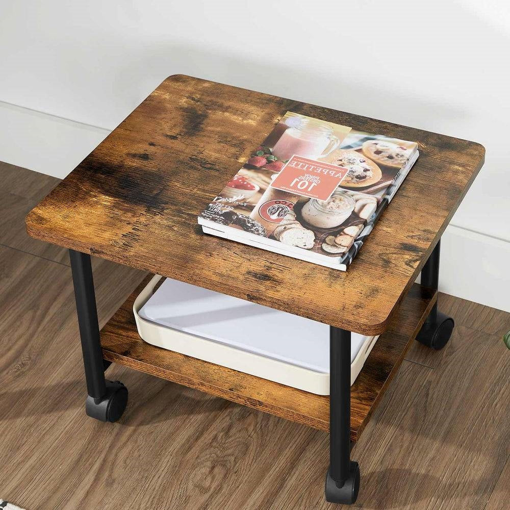 Industrial Black Metal Rustic Wood Printer Stand Cart with Bottom Paper Shelf-3