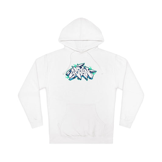 White hoodie with a colorful logo on a white background