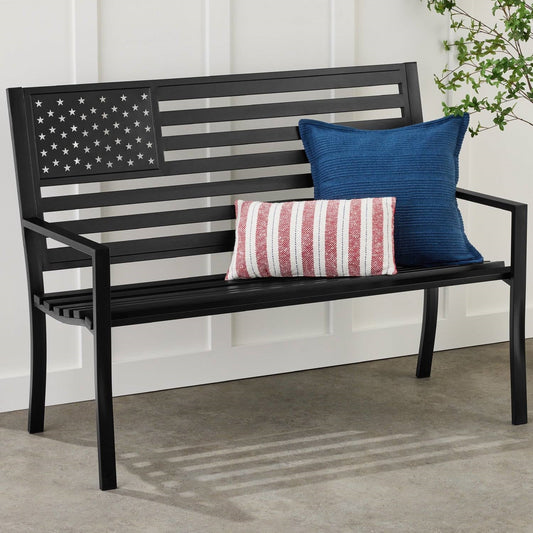 2 Person Patriotic USA Black Metal Bench with American Flag Backrest-0