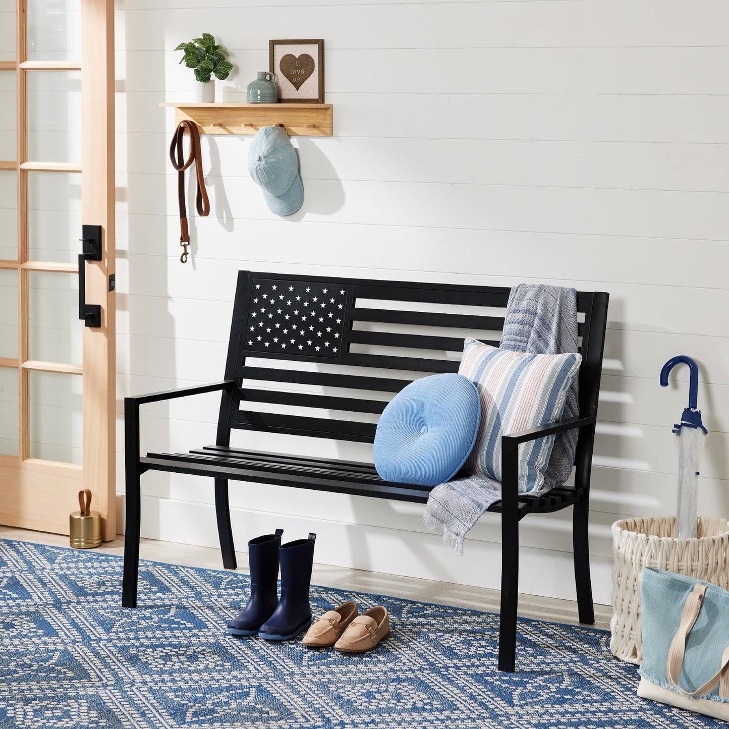 2 Person Patriotic USA Black Metal Bench with American Flag Backrest-1