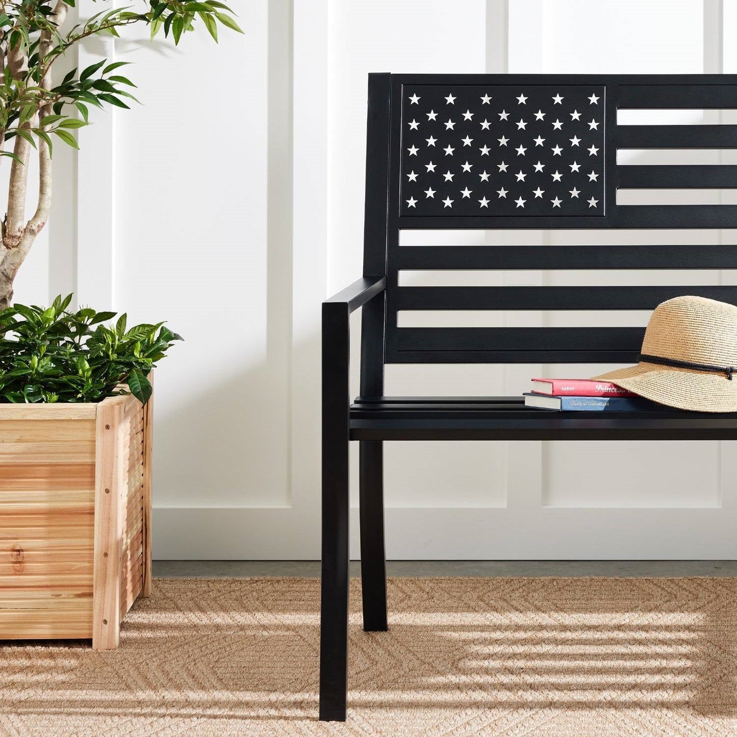 2 Person Patriotic USA Black Metal Bench with American Flag Backrest-3
