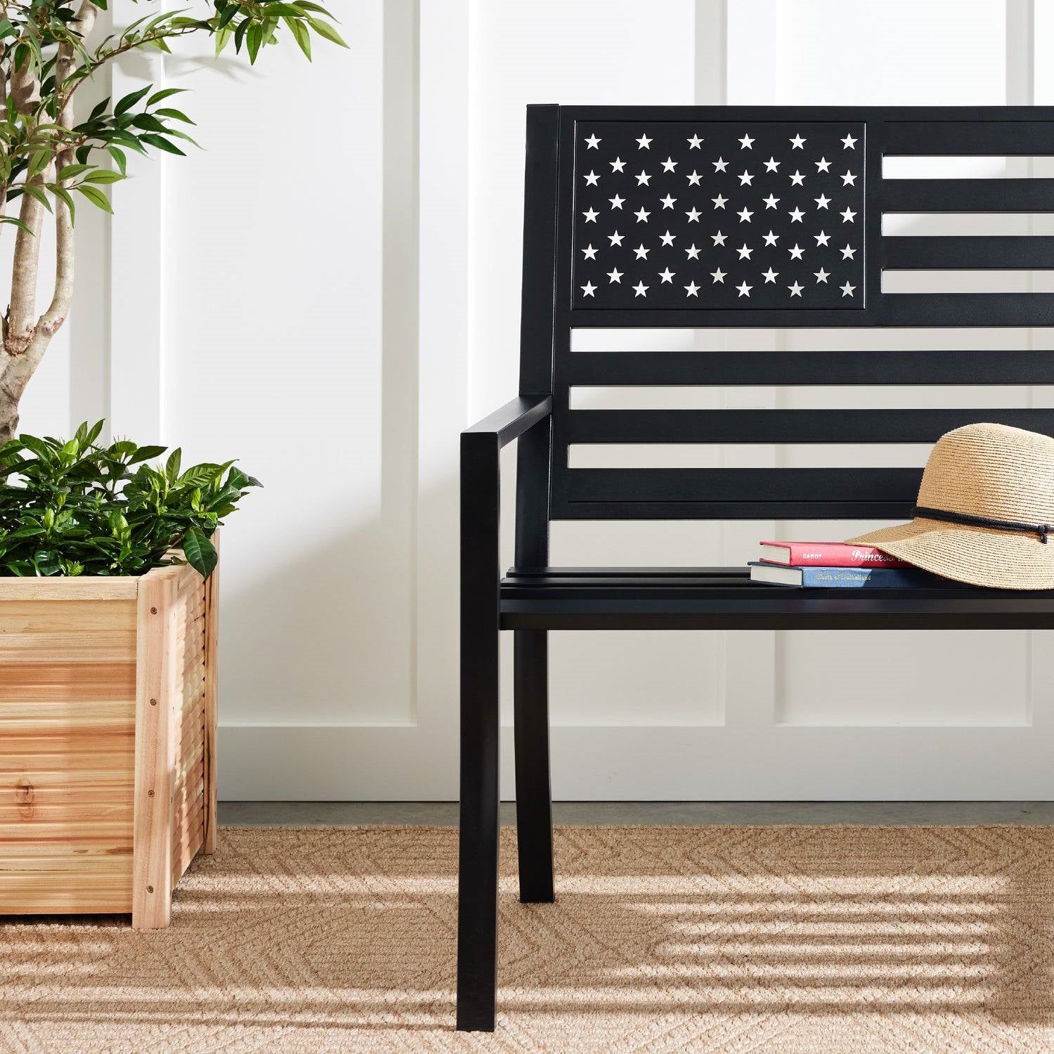 2 Person Patriotic USA Black Metal Bench with American Flag Backrest-3