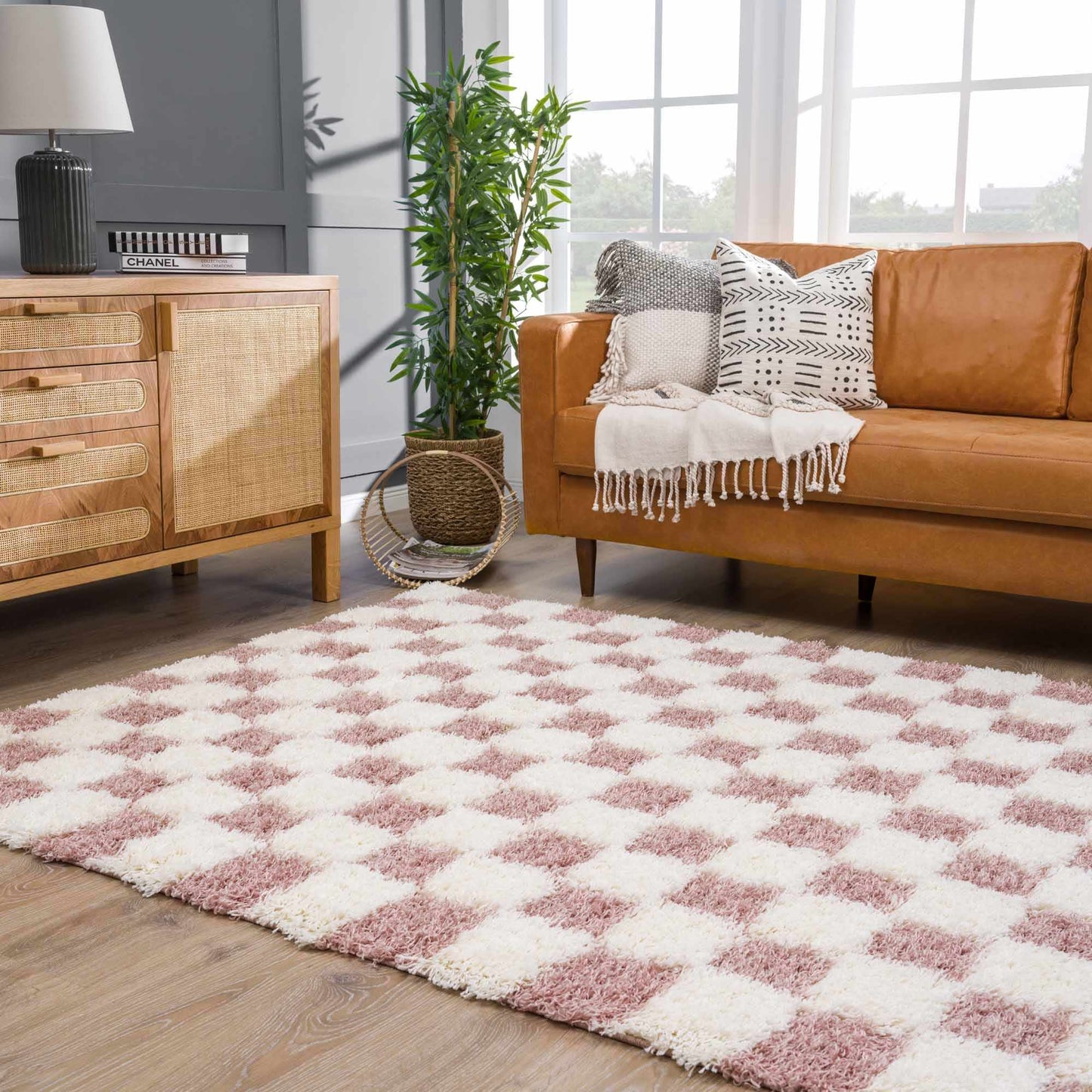 Atira Pink Checkered Shag Rug-5