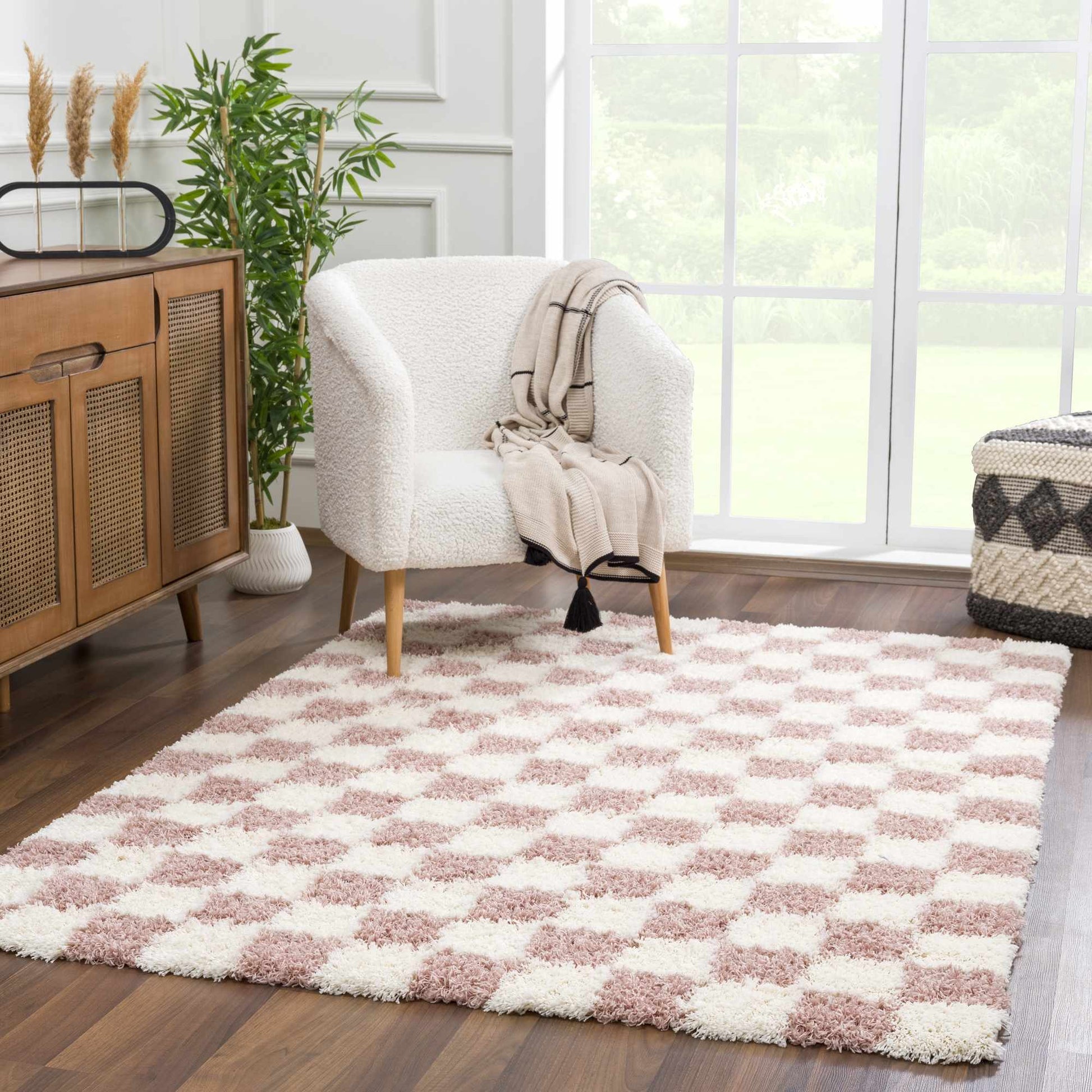 Atira Pink Checkered Shag Rug-3