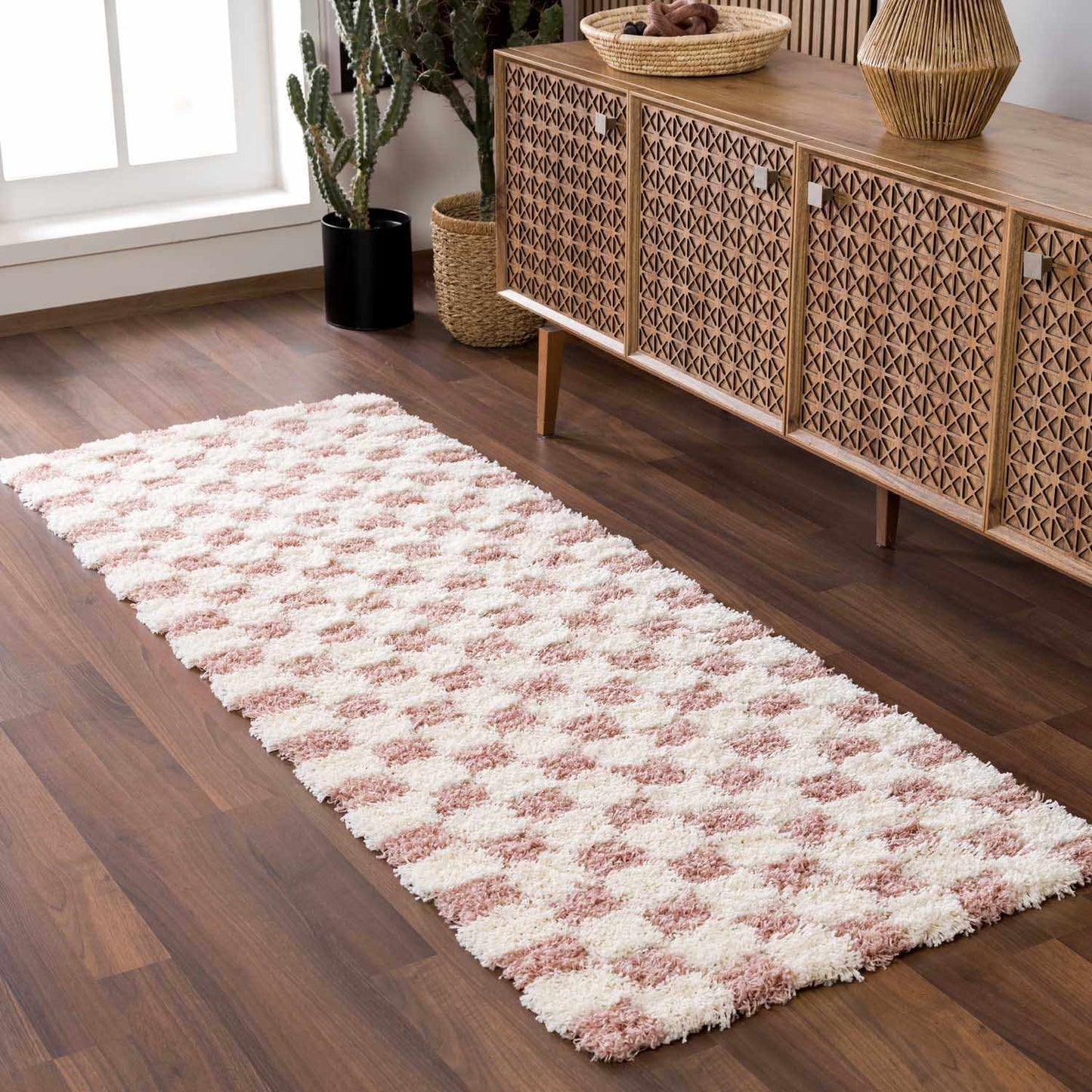 Atira Pink Checkered Shag Rug-4