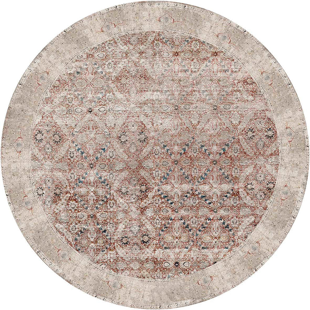 Distressed Vintage Levent in Beige : Round Rug-0