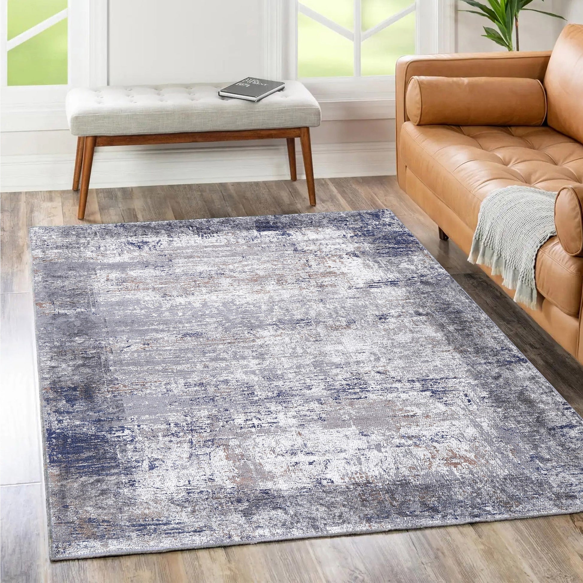 Abstract Border Echo in Blue & Grey Rug-1