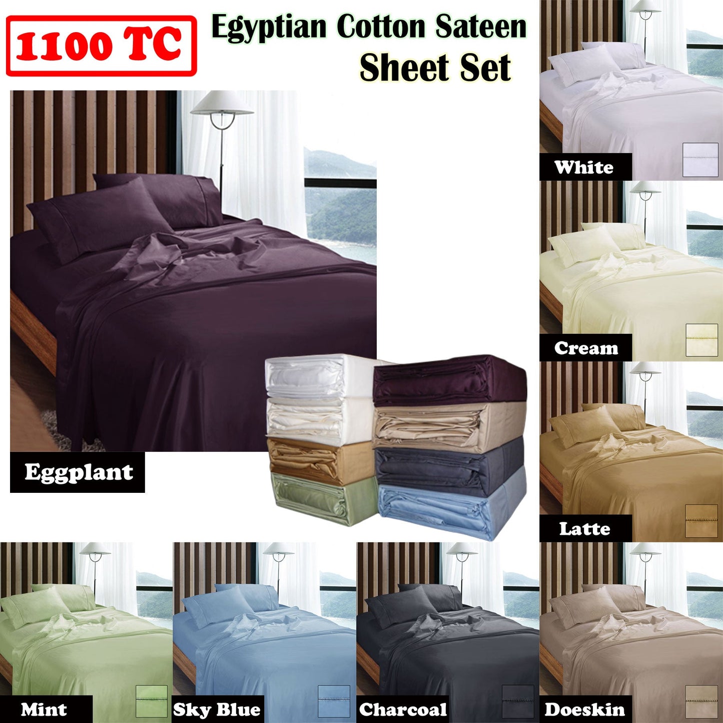 NNEDSZ 1100TC Egyptian Cotton Sateen Sheet Set Latte Queen-1
