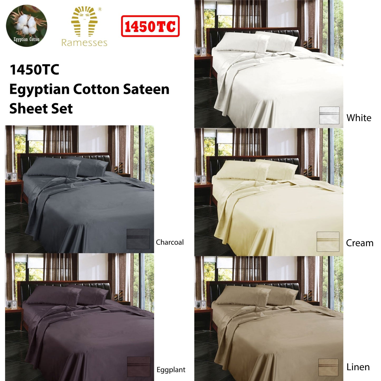NNEDSZ 1450TC Egyptian Cotton Sateen Sheet Set Cream King-1