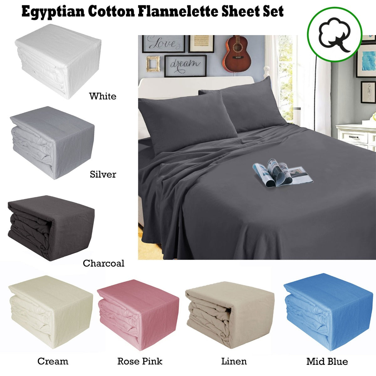 Ramesses Egyptian Cotton Flannel Sheet Set Charcoal Single-1