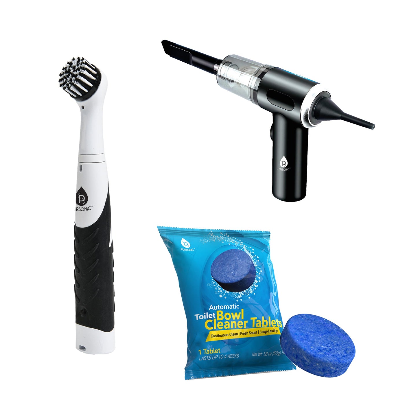 Pursonic Complete Cleaning Bundle – 2-in-1 Mini Wireless Vacuum & Air Duster + Cordless Power Scrubber Brush + Automatic Toilet Bowl Cleaner Tablets-0