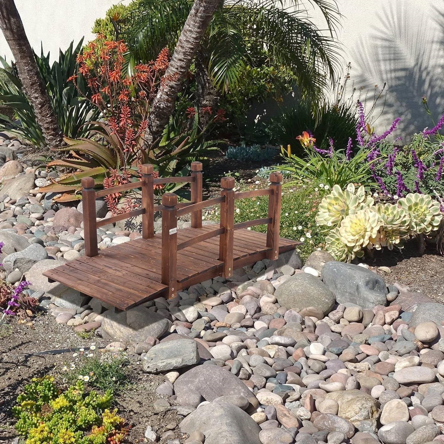 Outdoor 5-foot Solid Fir Wood Garden Bridge in Rustic Brown Finish-2