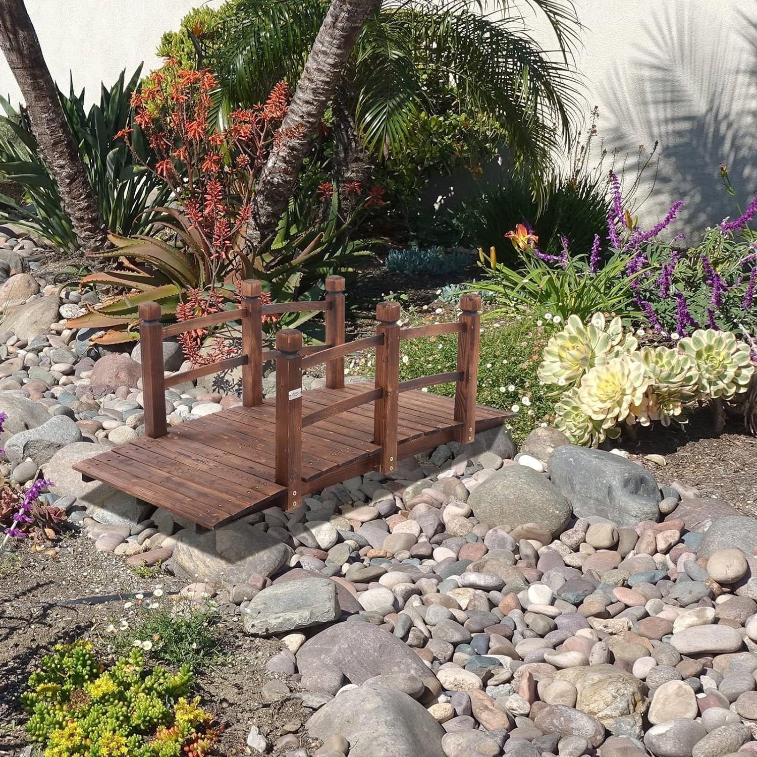 Outdoor 5-foot Solid Fir Wood Garden Bridge in Rustic Brown Finish-2