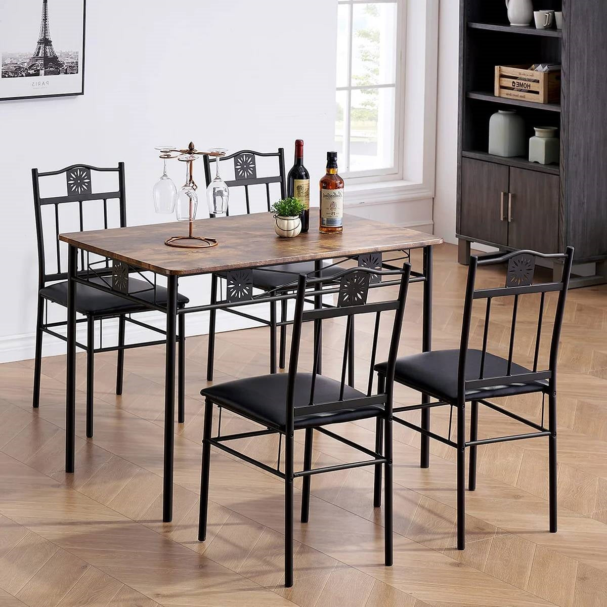 Farmhouse 5-Piece Dining Set with Wood-Top Table and 4 Cushioned Chairs-1