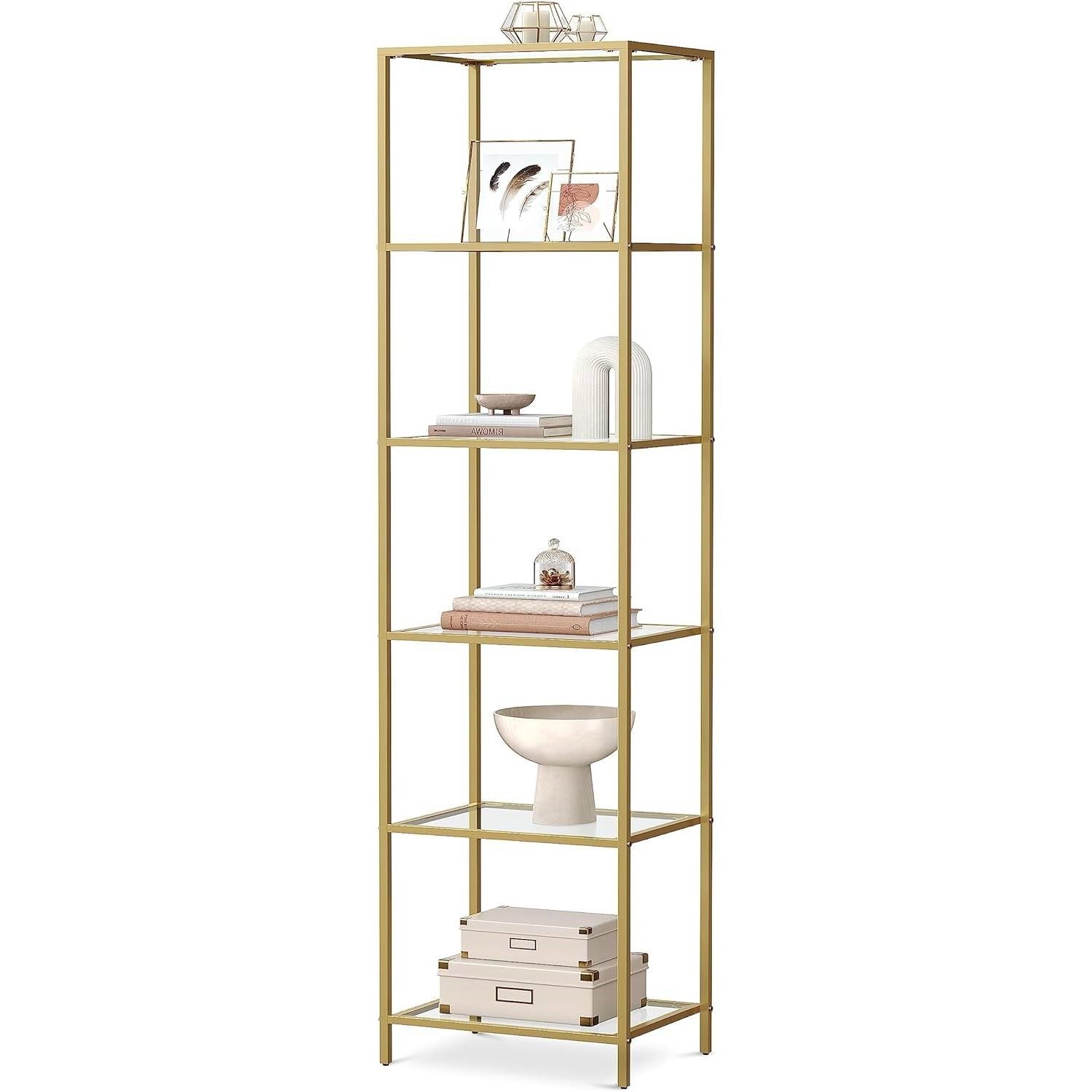 Narrow Glass Shelf Bookcase Bedroom Living Office Bath Storage Unit in Gold-2