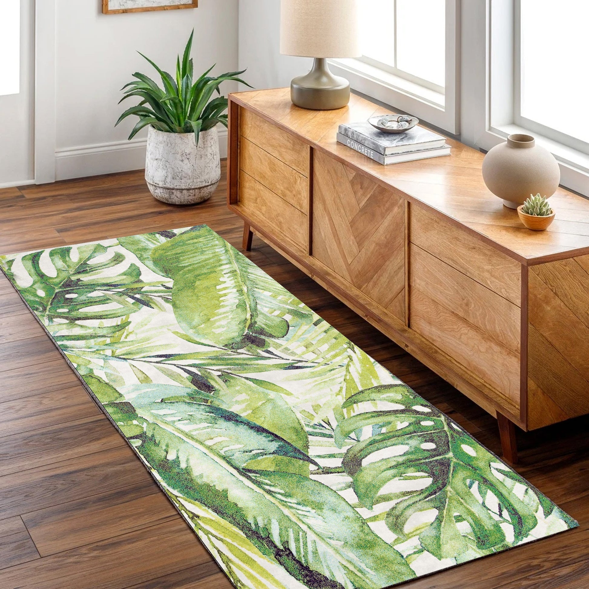 Wild Borneo Gorgeous Leaf Design in Green : Runner Rug-2