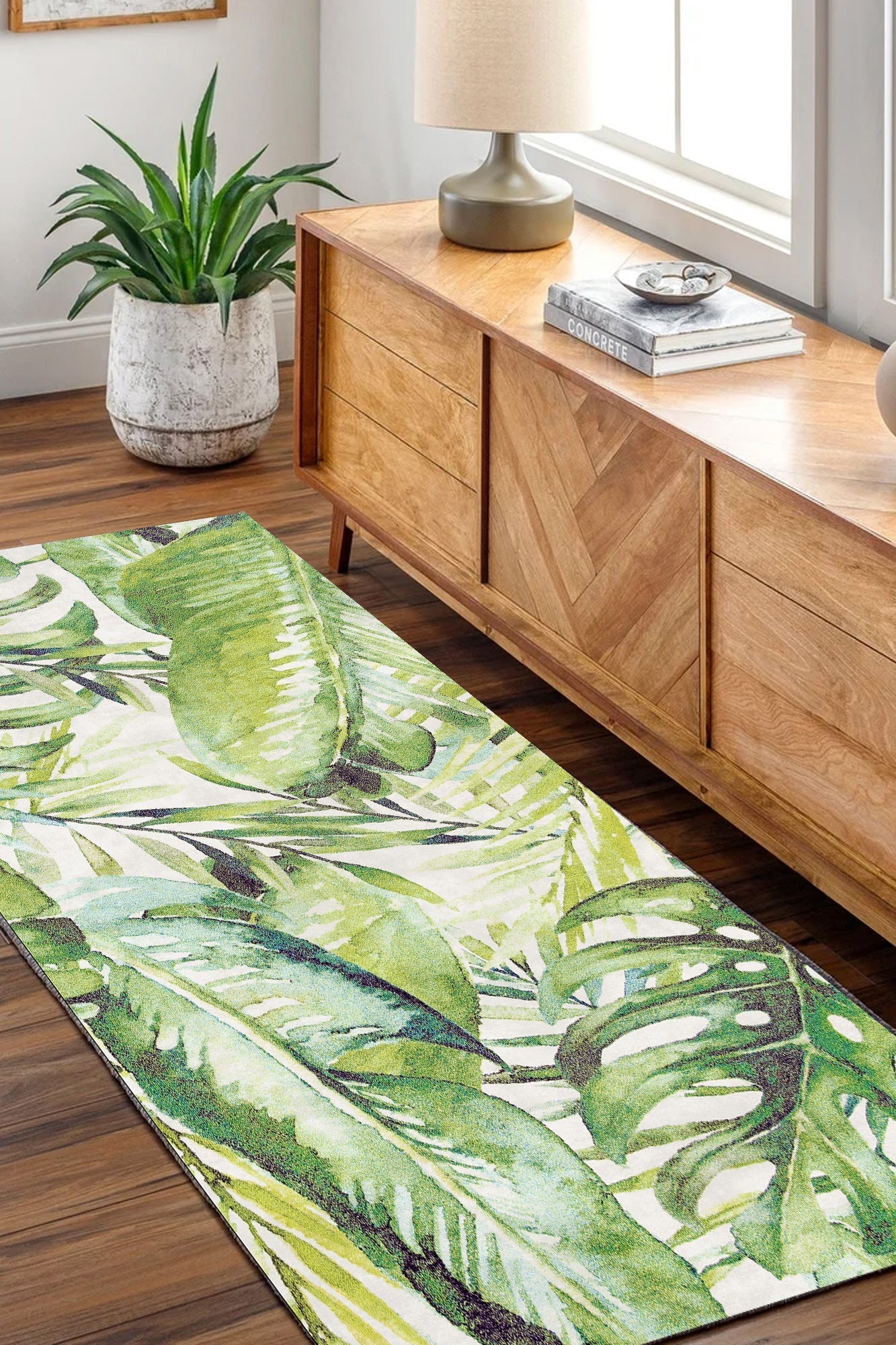 Wild Borneo Gorgeous Leaf Design in Green : Runner Rug-1