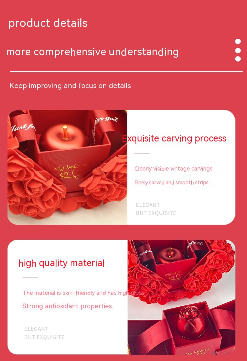 Product details of red decorative items with text on a red background