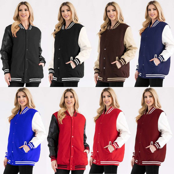Women's Boyfriend Oversize Letterman Jacket
Varsity Jacket Style
Snap Button Closure
PU Sleeve
Padded and Quilted Inside
Inside Left Chest Pocket

100% Polyester