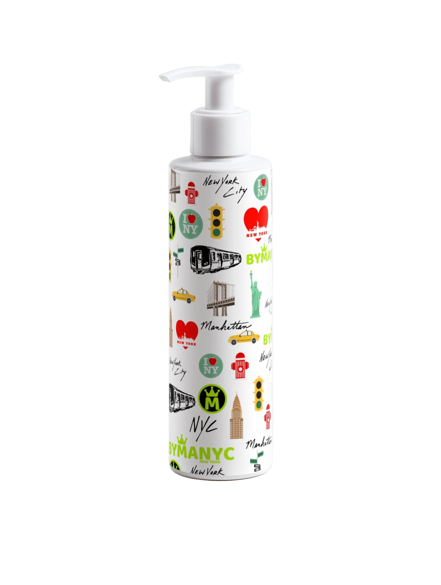 Lotion bottle with New York City-themed design on a white background