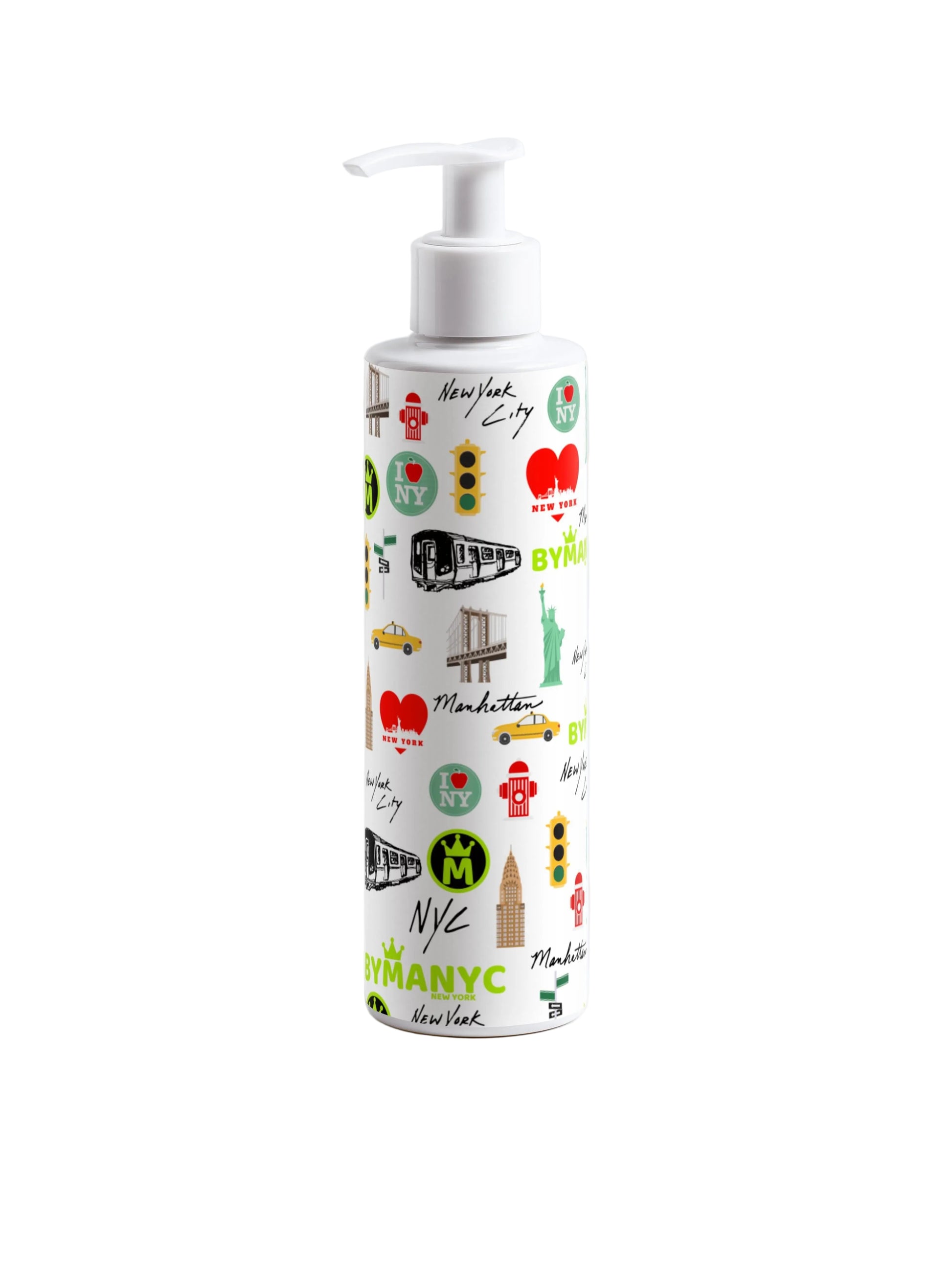 Lotion bottle with New York City-themed design on a white background