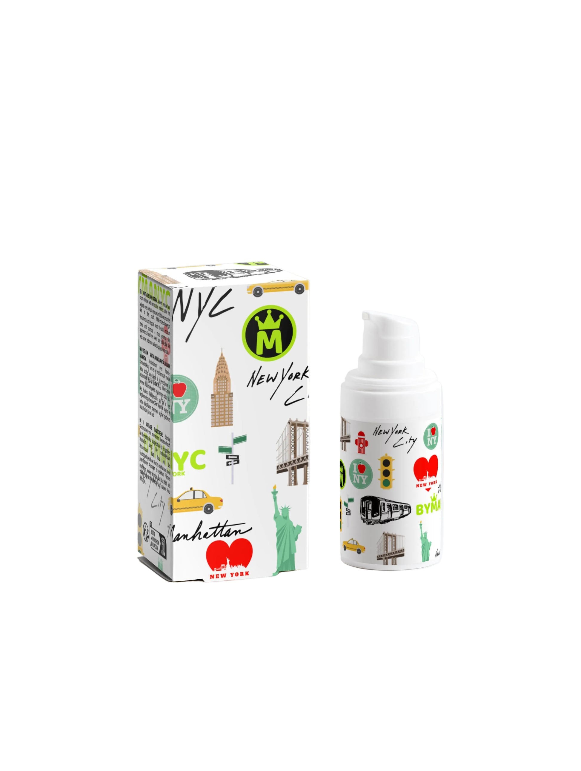 Product packaging with New York City-themed design on a white background